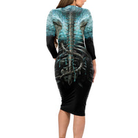 Flame Twin Skull Long Sleeve Bodycon Dress Skeleton Inside - Wonder Print Shop