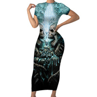 Flame Twin Skull Short Sleeve Bodycon Dress Skeleton Inside - Wonder Print Shop