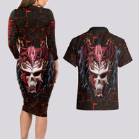 Infernal Draconic Skull Couples Matching Long Sleeve Bodycon Dress and Hawaiian Shirt Embracing the Fiery Soul - Wonder Print Shop