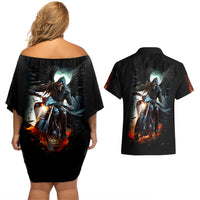 Flaming Skull Couples Matching Off Shoulder Short Dress and Hawaiian Shirt Celestial Riders with Angel Wings - Wonder Print Shop