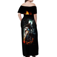 Flaming Skull Off Shoulder Maxi Dress Celestial Riders with Angel Wings - Wonder Print Shop