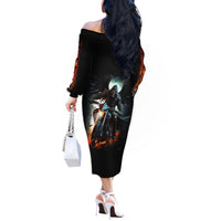 Flaming Skull Off The Shoulder Long Sleeve Dress Celestial Riders with Angel Wings - Wonder Print Shop