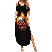 Women’s black cold-shoulder maxi dress with flaming skull graphic and side slit