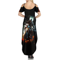 Women’s black open-shoulder maxi dress, back view, fantasy rider and angel wing print