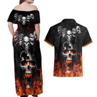 Flaming Skull Hoodie Couples Matching Off Shoulder Maxi Dress and Hawaiian Shirt Spectral Pyre - Wonder Print Shop