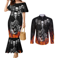 Skull Couples Matching Mermaid Dress and Long Sleeve Button Shirts Five Skull With Motocycle DT01