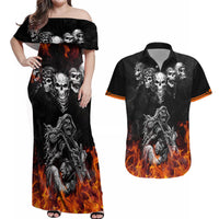Skull Couples Matching Off Shoulder Maxi Dress and Hawaiian Shirt Five Skull With Motocycle - Wonder Print Shop