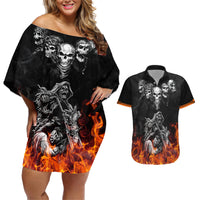 Skull Couples Matching Off Shoulder Short Dress and Hawaiian Shirt Five Skull With Motocycle - Wonder Print Shop
