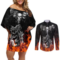 Skull Couples Matching Off Shoulder Short Dress and Long Sleeve Button Shirts Five Skull With Motocycle - Wonder Print Shop
