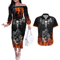 Skull Couples Matching Off The Shoulder Long Sleeve Dress and Hawaiian Shirt Five Skull With Motocycle - Wonder Print Shop