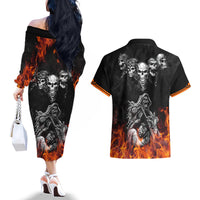 Skull Couples Matching Off The Shoulder Long Sleeve Dress and Hawaiian Shirt Five Skull With Motocycle - Wonder Print Shop