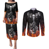 Skull Couples Matching Puletasi Dress and Long Sleeve Button Shirts Five Skull With Motocycle - Wonder Print Shop