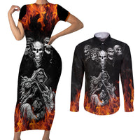 Skull Couples Matching Short Sleeve Bodycon Dress and Long Sleeve Button Shirts Five Skull With Motocycle - Wonder Print Shop