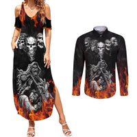 Skull Couples Matching Summer Maxi Dress and Long Sleeve Button Shirts Five Skull With Motocycle - Wonder Print Shop