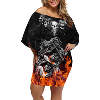 Skull Off Shoulder Short Dress Five Skull With Motocycle - Wonder Print Shop