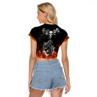 Skull Raglan Cropped T Shirt Five Skull With Motocycle - Wonder Print Shop