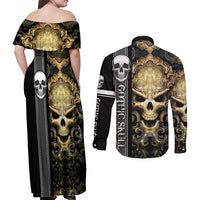 Golden Gothic Skull Couples Matching Off Shoulder Maxi Dress and Long Sleeve Button Shirts Embracing Ancient Elegance - Wonder Print Shop