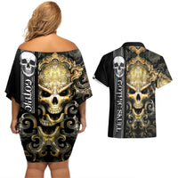Golden Gothic Skull Couples Matching Off Shoulder Short Dress and Hawaiian Shirt Embracing Ancient Elegance - Wonder Print Shop