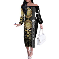 Golden Gothic Skull Off The Shoulder Long Sleeve Dress Embracing Ancient Elegance - Wonder Print Shop