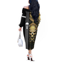 Golden Gothic Skull Off The Shoulder Long Sleeve Dress Embracing Ancient Elegance - Wonder Print Shop