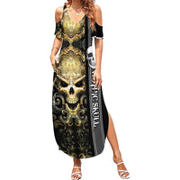 Women's black maxi dress with gold skull and baroque print, sleeveless with front slit