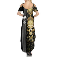 Women's black maxi dress, gold skull print with cold-shoulder sleeves and thin back straps