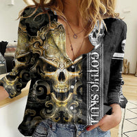 Golden Gothic Skull Women Casual Shirt Embracing Ancient Elegance - Wonder Print Shop