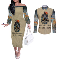 Skull Couples Matching Off The Shoulder Long Sleeve Dress and Long Sleeve Button Shirts Hello Darkness My Old Friend DT01