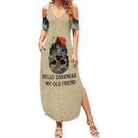 Beige cold-shoulder maxi dress with skull graphic and Hello Darkness text