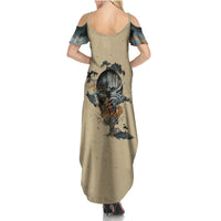 Beige maxi dress back with skull cat graphic and off-shoulder short sleeves