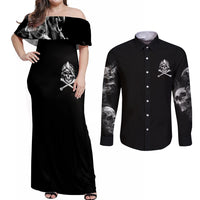 Skull Couples Matching Off Shoulder Maxi Dress and Long Sleeve Button Shirts I Can Fix Stupid - Wonder Print Shop