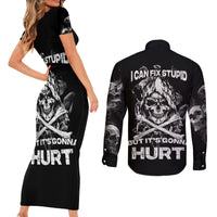 Skull Couples Matching Short Sleeve Bodycon Dress and Long Sleeve Button Shirts I Can Fix Stupid - Wonder Print Shop
