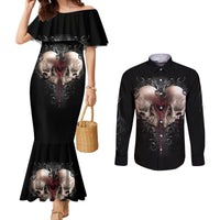 Reaper Heart Couples Matching Mermaid Dress and Long Sleeve Button Shirts Eternal Embrace - Uniting Souls in the Realm of Skulls DT01