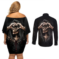 Reaper Heart Couples Matching Off Shoulder Short Dress and Long Sleeve Button Shirts Eternal Embrace - Uniting Souls in the Realm of Skulls - Wonder Print Shop