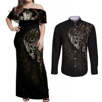 Unveiling the Mechanical Skull Couples Matching Off Shoulder Maxi Dress and Long Sleeve Button Shirts Cybernetic Enigma - Wonder Print Shop