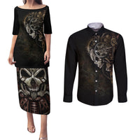 Unveiling the Mechanical Skull Couples Matching Puletasi Dress and Long Sleeve Button Shirts Cybernetic Enigma - Wonder Print Shop