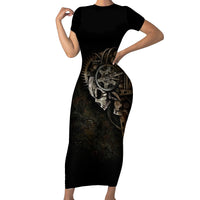 Unveiling the Mechanical Skull Short Sleeve Bodycon Dress Cybernetic Enigma - Wonder Print Shop
