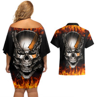 Metal Skull Couples Matching Off Shoulder Short Dress and Hawaiian Shirt Infernal Chains in Fiery Abyss - Wonder Print Shop