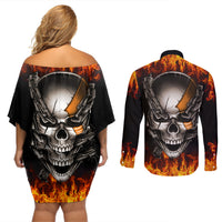 Metal Skull Couples Matching Off Shoulder Short Dress and Long Sleeve Button Shirts Infernal Chains in Fiery Abyss - Wonder Print Shop