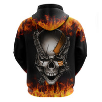 Black pullover hoodie with fiery flame skull and metal chain graphic on back