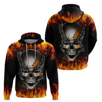 Black pullover hoodie with fiery flame skull and metal chain graphic, front and back views