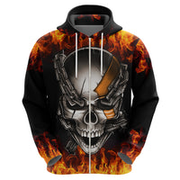 Black pullover hoodie, close-up front: fiery flame skull with metal chains and hood strings