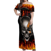 Metal Skull Off Shoulder Maxi Dress Infernal Chains in Fiery Abyss - Wonder Print Shop