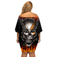 Metal Skull Off Shoulder Short Dress Infernal Chains in Fiery Abyss - Wonder Print Shop
