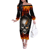Metal Skull Off The Shoulder Long Sleeve Dress Infernal Chains in Fiery Abyss - Wonder Print Shop