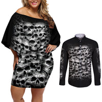 Skull Couples Matching Off Shoulder Short Dress and Long Sleeve Button Shirts Twisted Head Skull - Wonder Print Shop