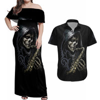 Skull Couples Matching Off Shoulder Maxi Dress and Hawaiian Shirt Musician Of Death - Wonder Print Shop