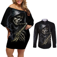 Skull Couples Matching Off Shoulder Short Dress and Long Sleeve Button Shirts Musician Of Death - Wonder Print Shop