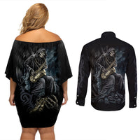Skull Couples Matching Off Shoulder Short Dress and Long Sleeve Button Shirts Musician Of Death - Wonder Print Shop
