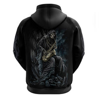 Black pullover hoodie, back view, skull musician with guitar and gothic artwork